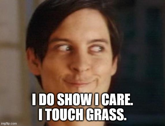 Spiderman Peter Parker Meme | I DO SHOW I CARE.
I TOUCH GRASS. | image tagged in memes,spiderman peter parker | made w/ Imgflip meme maker