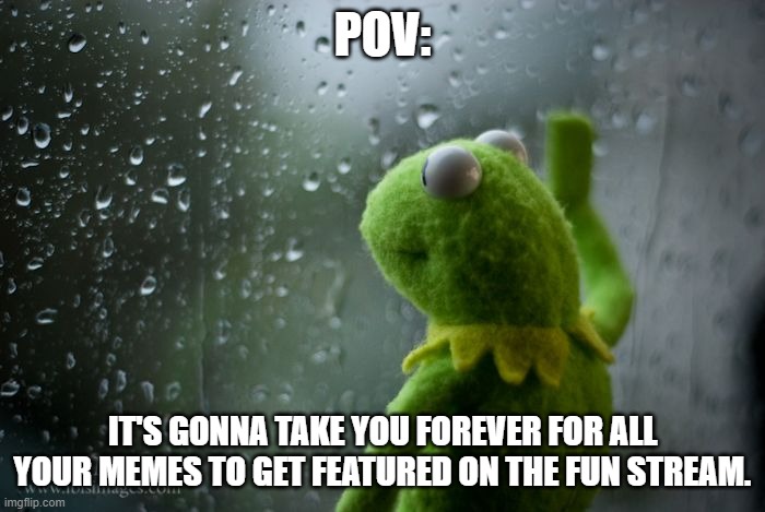 kermit window | POV:; IT'S GONNA TAKE YOU FOREVER FOR ALL YOUR MEMES TO GET FEATURED ON THE FUN STREAM. | image tagged in kermit window | made w/ Imgflip meme maker