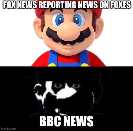 BBC NEWS |  FOX NEWS REPORTING NEWS ON FOXES; BBC NEWS | image tagged in lightside mario vs darkside mario | made w/ Imgflip meme maker