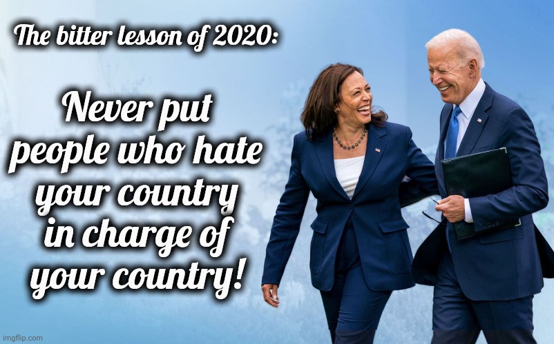 The bitter lesson of 2020:; Never put people who hate
your country in charge of
your country! | image tagged in memes,joe biden,kamala harris,democrats,people who hate your country | made w/ Imgflip meme maker