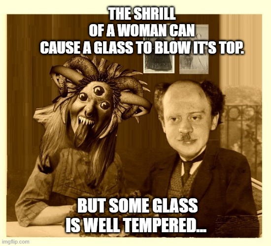 THE SHRILL OF A WOMAN CAN CAUSE A GLASS TO BLOW IT'S TOP. BUT SOME GLASS IS WELL TEMPERED... | made w/ Imgflip meme maker