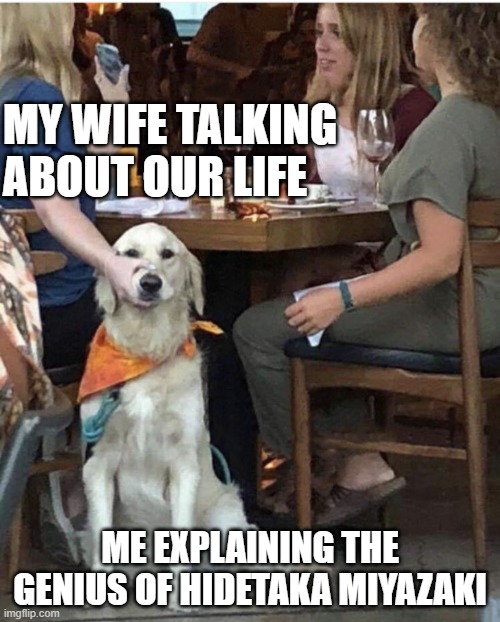 Lady holding dog mouth closed | MY WIFE TALKING ABOUT OUR LIFE; ME EXPLAINING THE GENIUS OF HIDETAKA MIYAZAKI | image tagged in lady holding dog mouth closed | made w/ Imgflip meme maker