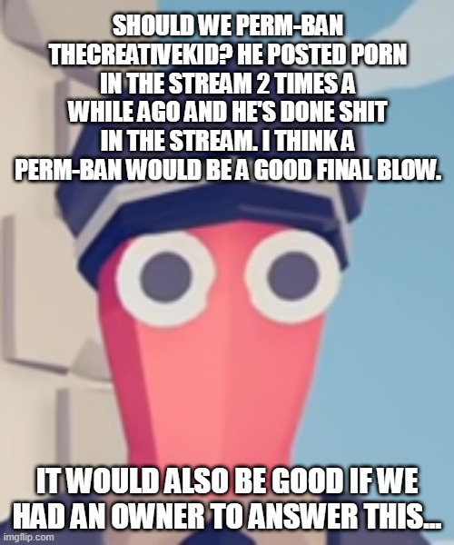 TABS Stare | SHOULD WE PERM-BAN THECREATIVEKID? HE POSTED PORN IN THE STREAM 2 TIMES A WHILE AGO AND HE'S DONE SHIT IN THE STREAM. I THINK A PERM-BAN WOULD BE A GOOD FINAL BLOW. IT WOULD ALSO BE GOOD IF WE HAD AN OWNER TO ANSWER THIS... | image tagged in tabs stare | made w/ Imgflip meme maker