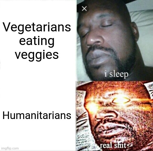 Unsubmitted meme | Vegetarians eating veggies Humanitarians | image tagged in memes,sleeping shaq | made w/ Imgflip meme maker