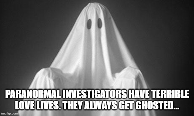 Ghost |  PARANORMAL INVESTIGATORS HAVE TERRIBLE LOVE LIVES. THEY ALWAYS GET GHOSTED... | image tagged in ghost | made w/ Imgflip meme maker