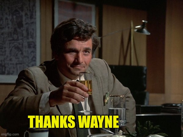 Columbo Cheers | THANKS WAYNE | image tagged in columbo cheers | made w/ Imgflip meme maker