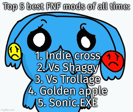 Zad Ria | Top 5 best FNF mods of all time:; 1. Indie cross
2. Vs Shaggy
3. Vs Trollage
4. Golden apple
5. Sonic.EXE | image tagged in zad ria | made w/ Imgflip meme maker