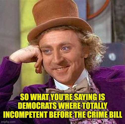 Creepy Condescending Wonka Meme | SO WHAT YOU'RE SAYING IS DEMOCRATS WHERE TOTALLY INCOMPETENT BEFORE THE CRIME BILL | image tagged in memes,creepy condescending wonka | made w/ Imgflip meme maker