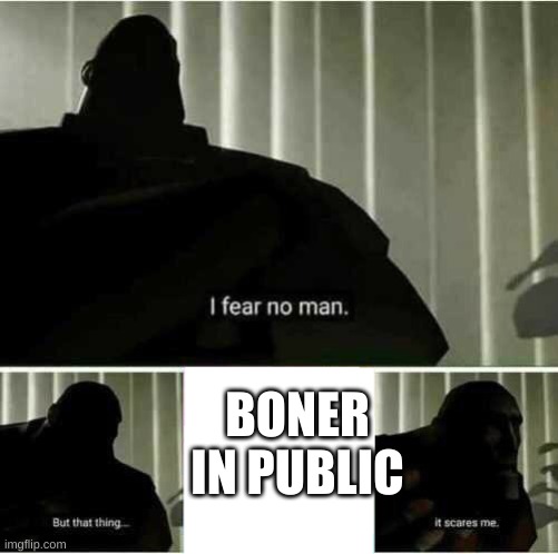 Only men will understand this. | BONER IN PUBLIC | image tagged in i fear no man,memes,not funny,oh wow are you actually reading these tags,stop reading the tags,okay fine read the tags | made w/ Imgflip meme maker