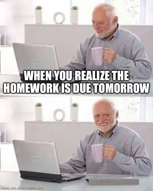 So true | WHEN YOU REALIZE THE HOMEWORK IS DUE TOMORROW | image tagged in memes,hide the pain harold,internet historian | made w/ Imgflip meme maker