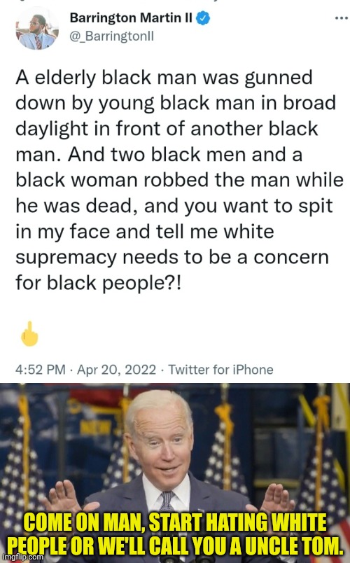 It's exactly what would happen. | COME ON MAN, START HATING WHITE PEOPLE OR WE'LL CALL YOU A UNCLE TOM. | image tagged in cocky joe biden,joe biden,race,uncle ben | made w/ Imgflip meme maker