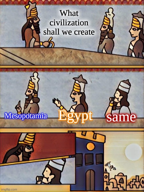 5000 B.C be like | What civilization shall we create; same; Egypt; Mesopotamia | image tagged in sumerian boardroom meeting | made w/ Imgflip meme maker