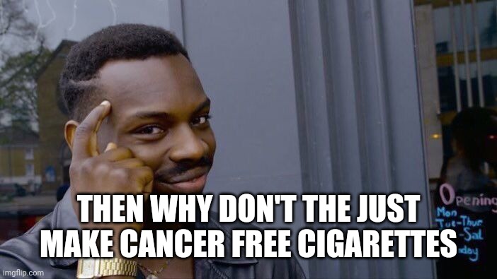 Meme | THEN WHY DON'T THE JUST MAKE CANCER FREE CIGARETTES | image tagged in memes,roll safe think about it | made w/ Imgflip meme maker