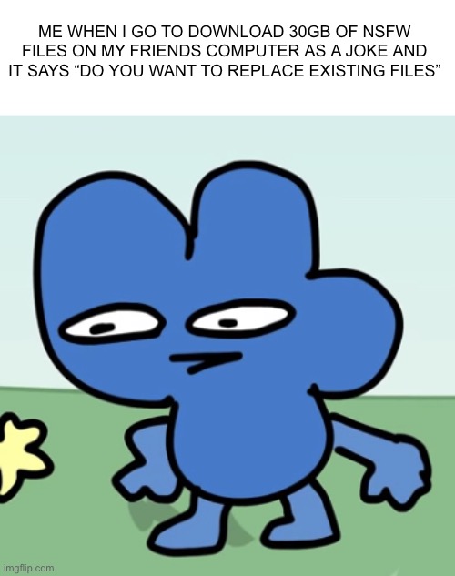 BFDI Four Strange Face | ME WHEN I GO TO DOWNLOAD 30GB OF NSFW FILES ON MY FRIENDS COMPUTER AS A JOKE AND IT SAYS “DO YOU WANT TO REPLACE EXISTING FILES” | image tagged in bfdi four strange face | made w/ Imgflip meme maker