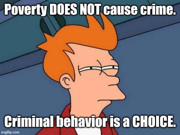 Fry is not sure... | Poverty DOES NOT cause crime. Criminal behavior is a CHOICE. | image tagged in fry is not sure | made w/ Imgflip meme maker