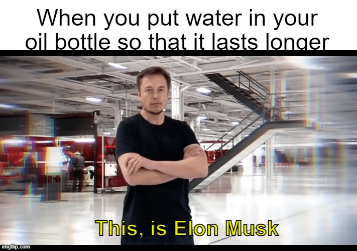 big brain time | When you put water in your oil bottle so that it lasts longer; This, is Elon Musk | image tagged in meme,memes,lol,lmao,funny,funny memes | made w/ Imgflip meme maker
