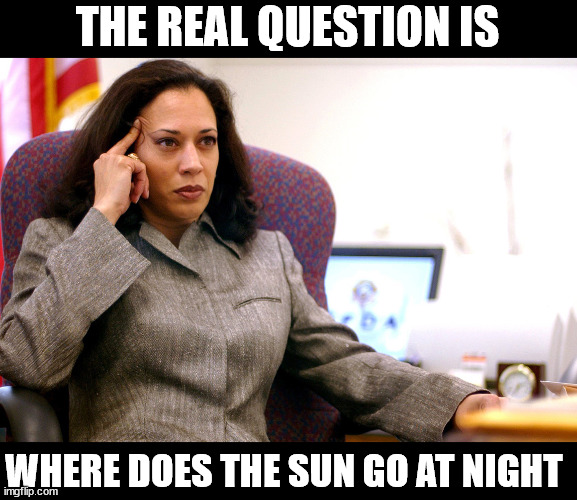 Kamala Harris | THE REAL QUESTION IS; WHERE DOES THE SUN GO AT NIGHT | image tagged in kamala harris,kamala intelligence | made w/ Imgflip meme maker