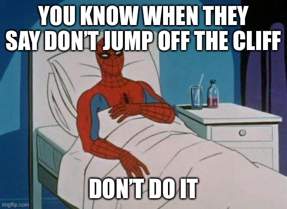 Advice from your friendly neighborhood Spider-Man | YOU KNOW WHEN THEY SAY DON’T JUMP OFF THE CLIFF; DON’T DO IT | image tagged in memes,spiderman hospital,spiderman | made w/ Imgflip meme maker