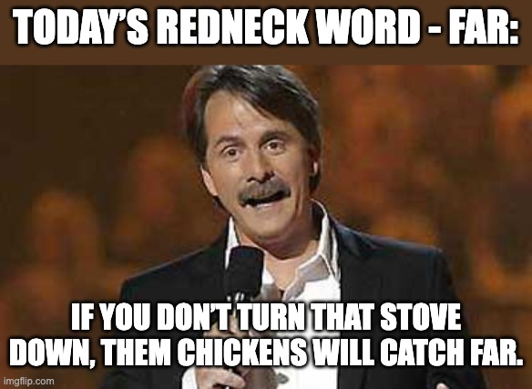 far | TODAY’S REDNECK WORD - FAR:; IF YOU DON’T TURN THAT STOVE DOWN, THEM CHICKENS WILL CATCH FAR. | image tagged in jeff foxworthy you might be a redneck | made w/ Imgflip meme maker