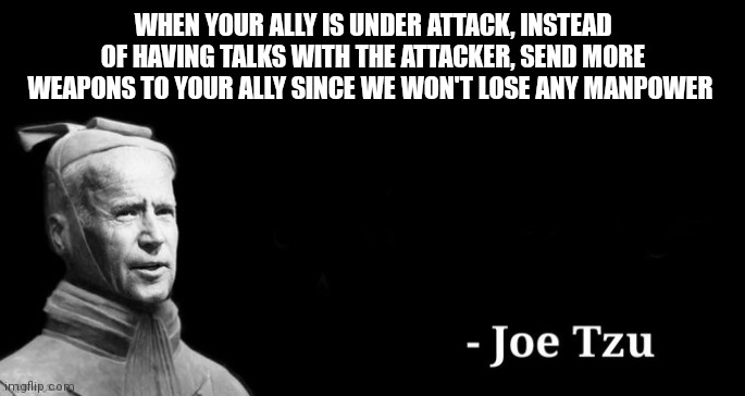 Here's why he's sending so many weapons | WHEN YOUR ALLY IS UNDER ATTACK, INSTEAD OF HAVING TALKS WITH THE ATTACKER, SEND MORE WEAPONS TO YOUR ALLY SINCE WE WON'T LOSE ANY MANPOWER | image tagged in joe tzu | made w/ Imgflip meme maker