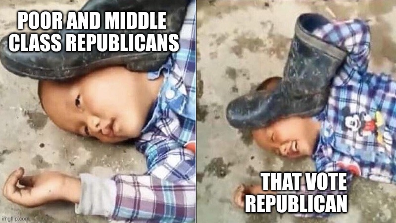 Pressing a Boot on Your Own Head | POOR AND MIDDLE 
CLASS REPUBLICANS; THAT VOTE
REPUBLICAN | image tagged in pressing a boot on your own head | made w/ Imgflip meme maker