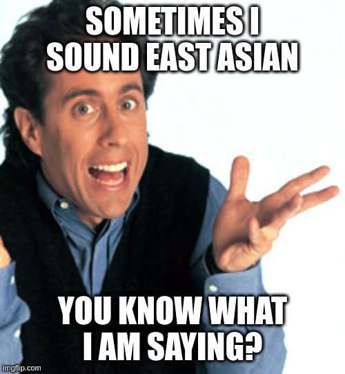 Jerry Seinfeld What's the Deal | SOMETIMES I SOUND EAST ASIAN YOU KNOW WHAT I AM SAYING? | image tagged in jerry seinfeld what's the deal | made w/ Imgflip meme maker