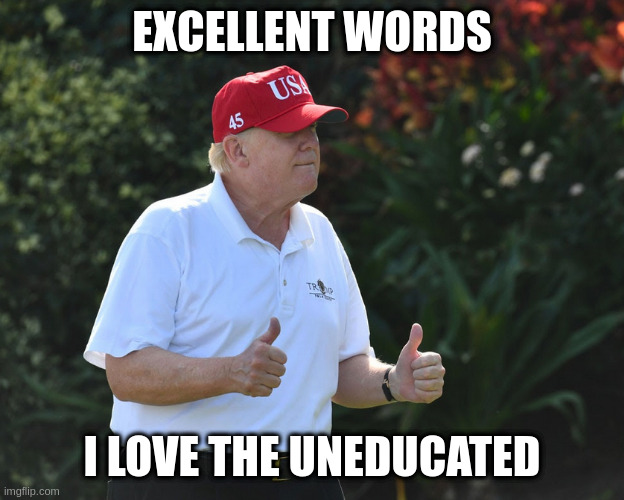 BS Rumpt | EXCELLENT WORDS; I LOVE THE UNEDUCATED | image tagged in bs rumpt | made w/ Imgflip meme maker