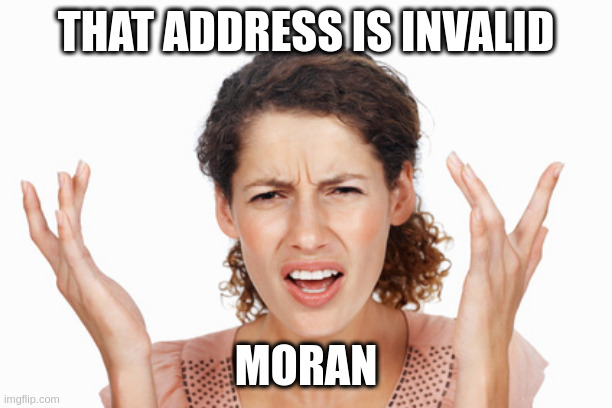 Indignant | THAT ADDRESS IS INVALID; MORAN | image tagged in indignant | made w/ Imgflip meme maker