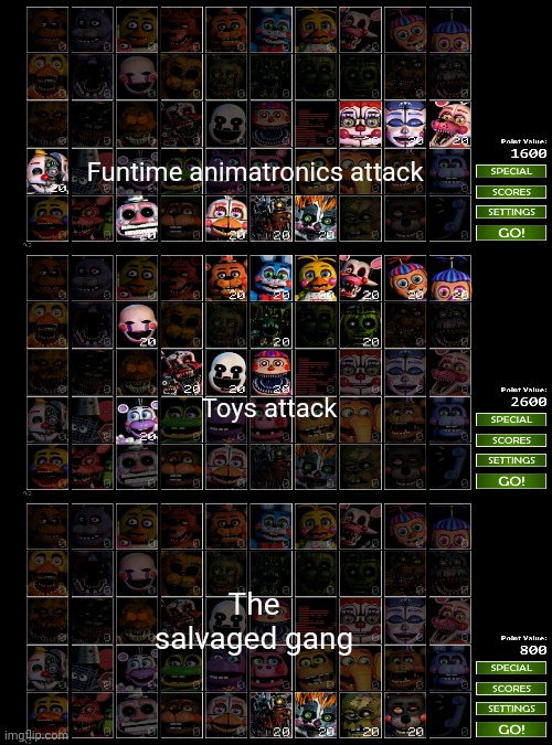 Here is a few fnaf ucn challenges I made up my own | Funtime animatronics attack; Toys attack; The salvaged gang | image tagged in fnaf,ultimate custom night,challenge | made w/ Imgflip meme maker