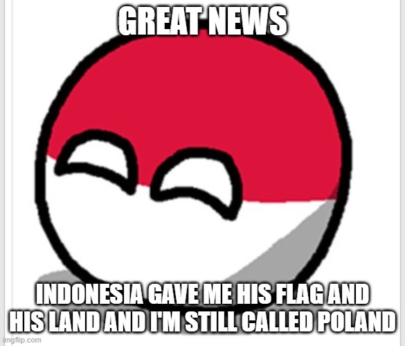 hope germany dosen't invade me | GREAT NEWS; INDONESIA GAVE ME HIS FLAG AND HIS LAND AND I'M STILL CALLED POLAND | image tagged in polandball happy face,memes,funny memes,be like bill,be like poland,be like polen | made w/ Imgflip meme maker