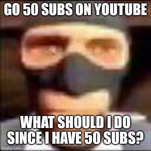 spi | GO 50 SUBS ON YOUTUBE; WHAT SHOULD I DO SINCE I HAVE 50 SUBS? | image tagged in spi | made w/ Imgflip meme maker