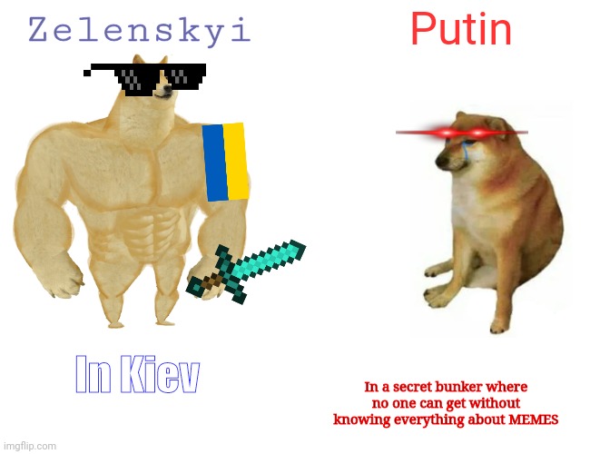 Fun war meme |  Zelenskyi; Putin; In Kiev; In a secret bunker where no one can get without knowing everything about MEMES | image tagged in memes,buff doge vs cheems,ukraine,putin | made w/ Imgflip meme maker
