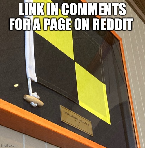 E | LINK IN COMMENTS FOR A PAGE ON REDDIT | image tagged in international signal flag l | made w/ Imgflip meme maker