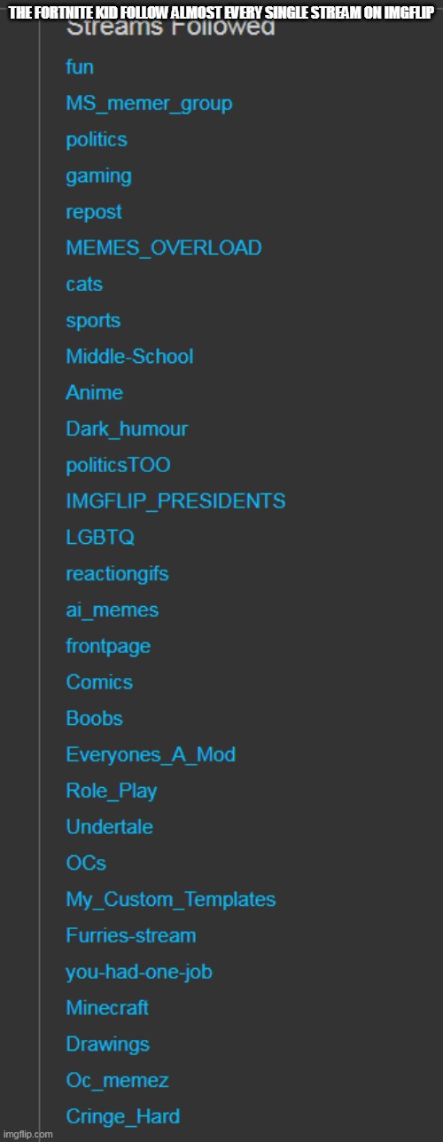 THE FORTNITE KID FOLLOW ALMOST EVERY SINGLE STREAM ON IMGFLIP | made w/ Imgflip meme maker