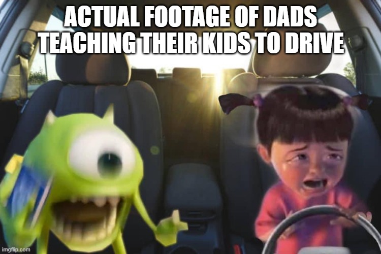 yep definitely legitimate footage | ACTUAL FOOTAGE OF DADS TEACHING THEIR KIDS TO DRIVE | image tagged in boo crying in car with mike,memes,funny,mike wazowski,funny memes | made w/ Imgflip meme maker