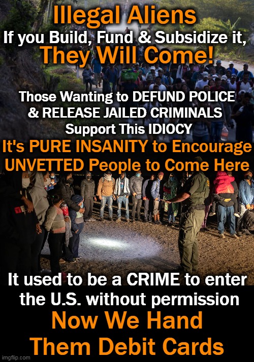 LEGAL Immigrants WELCOME, Not Those Who Cut In Line.... | Illegal Aliens; If you Build, Fund & Subsidize it, They Will Come! Those Wanting to DEFUND POLICE 
& RELEASE JAILED CRIMINALS  
Support This IDIOCY; It's PURE INSANITY to Encourage
UNVETTED People to Come Here; It used to be a CRIME to enter 
the U.S. without permission; Now We Hand Them Debit Cards | image tagged in politics,illegal aliens,illegal immigration,wait that's illegal,liberals vs conservatives,law and order | made w/ Imgflip meme maker