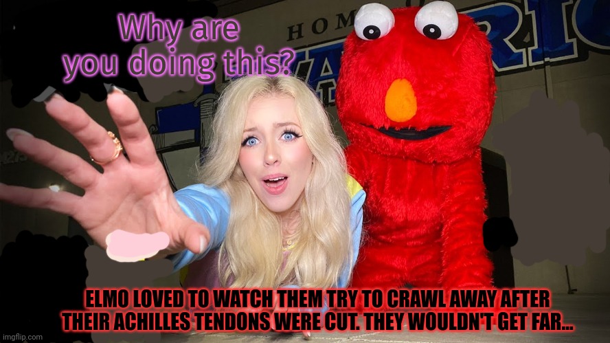Elmo's basement |  Why are you doing this? ELMO LOVED TO WATCH THEM TRY TO CRAWL AWAY AFTER THEIR ACHILLES TENDONS WERE CUT. THEY WOULDN'T GET FAR... | image tagged in elmo,basement,dark humor,kidnapping,achilles tendon | made w/ Imgflip meme maker