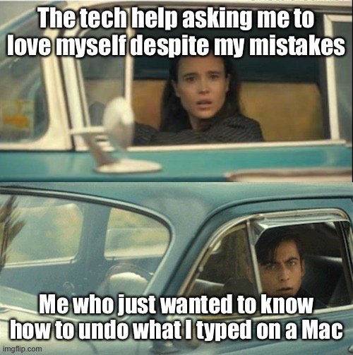 Vanya and Five | The tech help asking me to love myself despite my mistakes Me who just wanted to know how to undo what I typed on a Mac | image tagged in vanya and five | made w/ Imgflip meme maker