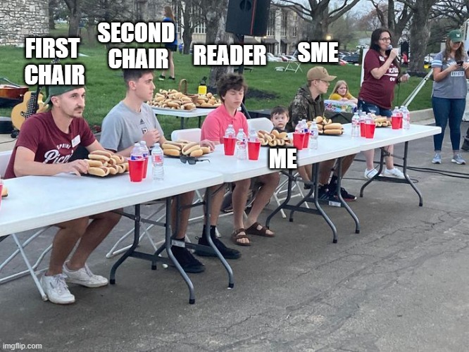 PhD life | FIRST 
CHAIR; SECOND 
CHAIR; SME; READER; ME | image tagged in hot dog contest | made w/ Imgflip meme maker