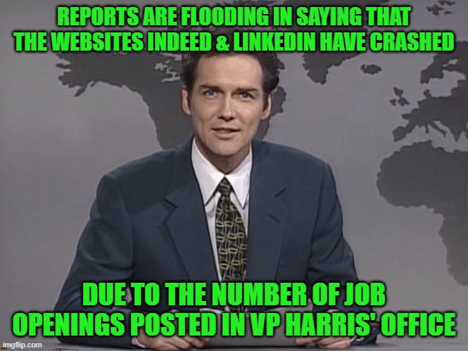 This is truly a record setting administration. | REPORTS ARE FLOODING IN SAYING THAT THE WEBSITES INDEED & LINKEDIN HAVE CRASHED; DUE TO THE NUMBER OF JOB OPENINGS POSTED IN VP HARRIS' OFFICE | image tagged in norm mcdonald,kamala harris,vice president | made w/ Imgflip meme maker