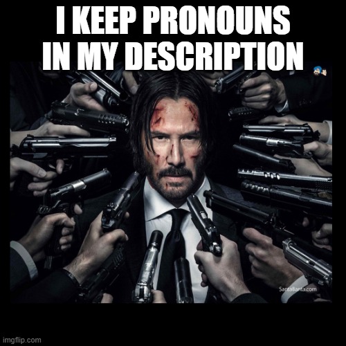 deal with it | I KEEP PRONOUNS IN MY DESCRIPTION | image tagged in john wick chapter 2 surrounded by guns,pronouns,bio,profile,memes,imgflip | made w/ Imgflip meme maker