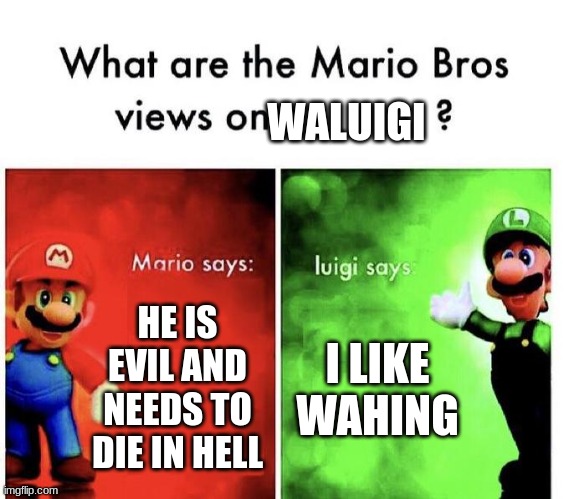 wah | WALUIGI; HE IS EVIL AND NEEDS TO DIE IN HELL; I LIKE WAHING | image tagged in mario bros views | made w/ Imgflip meme maker