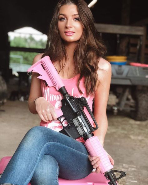 High Quality Attractive Beautiful Brunette Woman AR-15 Rifle Patriotic Blank Meme Template