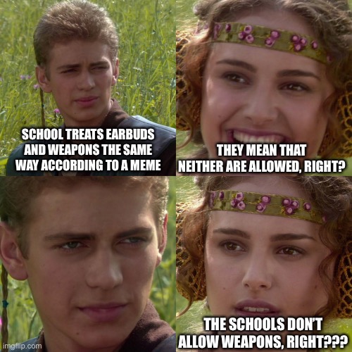 Anakin Padme 4 Panel | SCHOOL TREATS EARBUDS AND WEAPONS THE SAME WAY ACCORDING TO A MEME THEY MEAN THAT NEITHER ARE ALLOWED, RIGHT? THE SCHOOLS DON’T ALLOW WEAPON | image tagged in anakin padme 4 panel | made w/ Imgflip meme maker