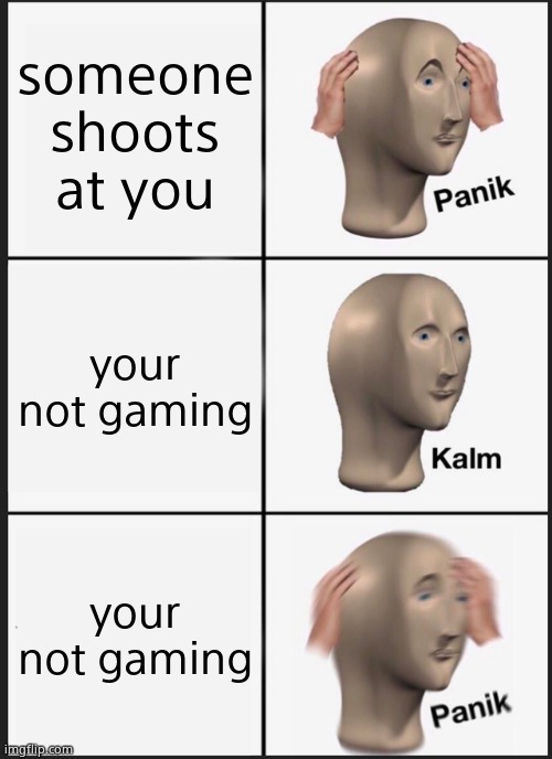 Panik Kalm Panik | someone shoots at you; your not gaming; your not gaming | image tagged in memes,panik kalm panik | made w/ Imgflip meme maker