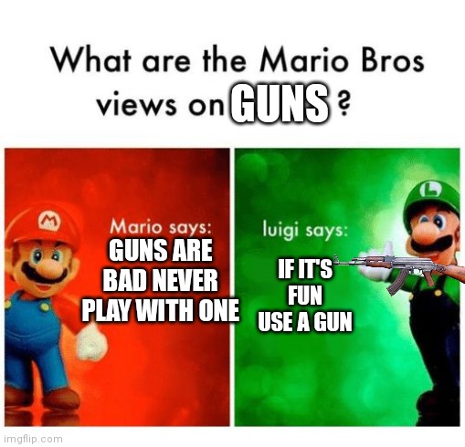 Guns | GUNS; GUNS ARE BAD NEVER PLAY WITH ONE; IF IT'S FUN USE A GUN | image tagged in mario says luigi says | made w/ Imgflip meme maker