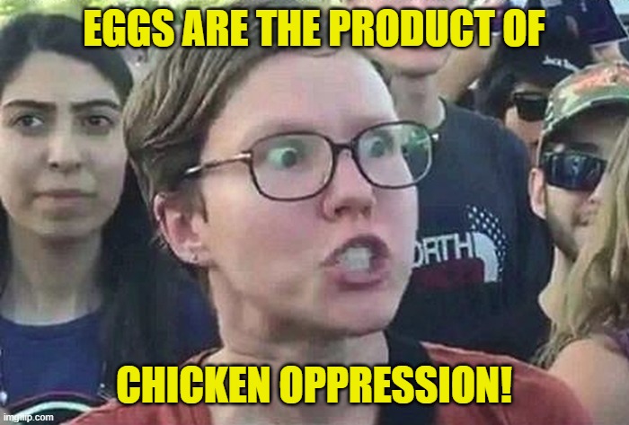 Triggered Liberal | EGGS ARE THE PRODUCT OF CHICKEN OPPRESSION! | image tagged in triggered liberal | made w/ Imgflip meme maker
