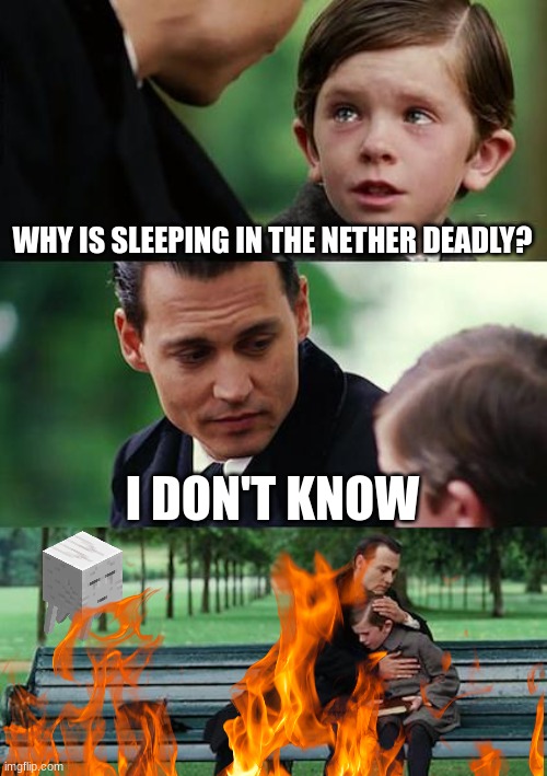WHY IS SLEEPING IN THE NETHER DEADLY? I DON'T KNOW | image tagged in finding neverland,nether,minecraft,memes | made w/ Imgflip meme maker
