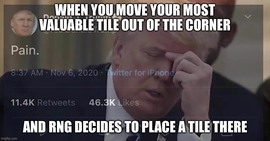 whyyyyy | WHEN YOU MOVE YOUR MOST VALUABLE TILE OUT OF THE CORNER; AND RNG DECIDES TO PLACE A TILE THERE | image tagged in donald trump pain | made w/ Imgflip meme maker