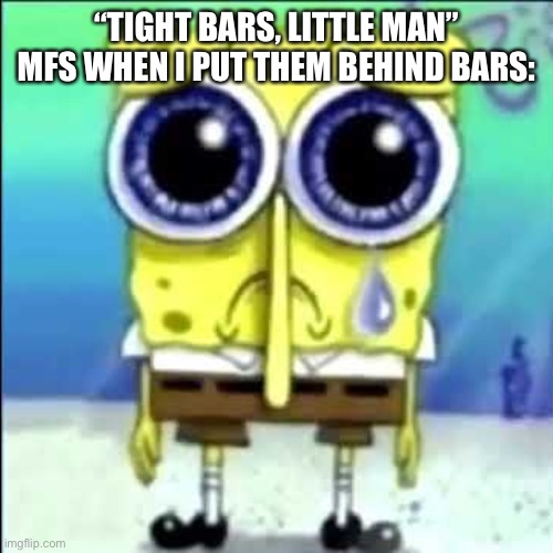 (suddenly they don’t like tight bars) | “TIGHT BARS, LITTLE MAN” MFS WHEN I PUT THEM BEHIND BARS: | image tagged in sad spongebob | made w/ Imgflip meme maker